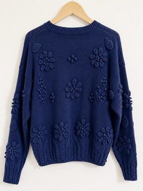 Eagles Eye 3D Floral Knit Sweater Navy Blue Textured Cotton Women’s Size L